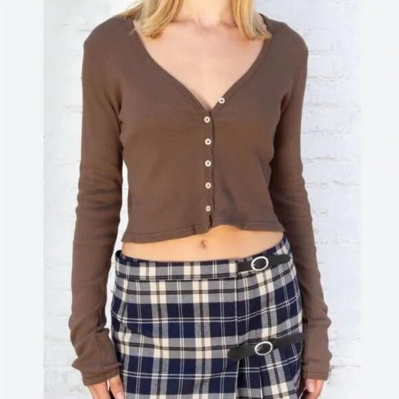 Brandy Melville Tops - Brandy Melville Women's Brown Paige Ruffle Long Sleeve Top Ribbed One Size